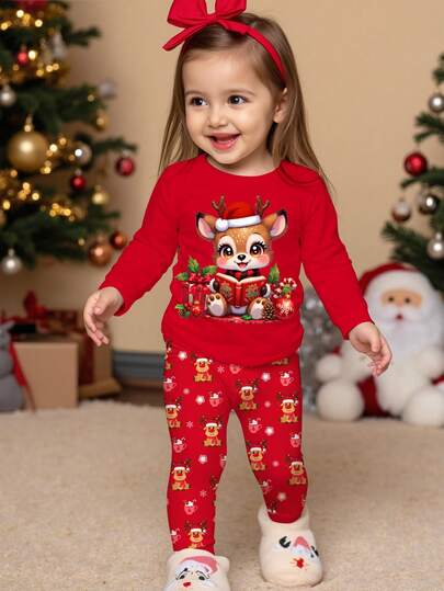 SHEIN 女童保暖休闲圣诞套装，可爱小鹿读书图案和迷你雪花点缀印花，红色节日款柔软舒适长袖上衣和裤子睡衣套装，修身剪裁，适合秋冬季穿着。