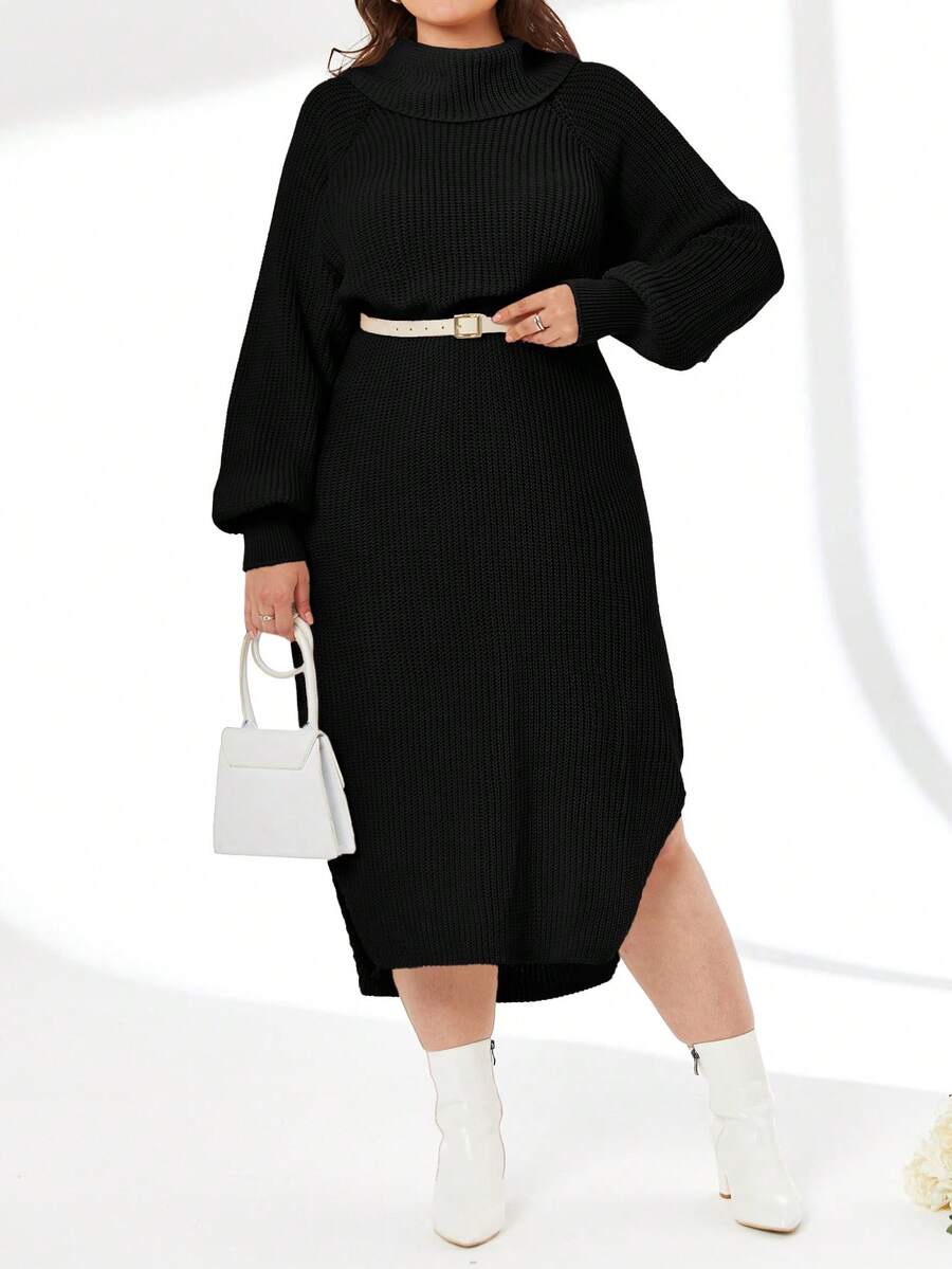 SHEIN Cottnline High Neck Raglan Sleeve Slit Thigh Sweater Dress (No Belt) - Black - View 1