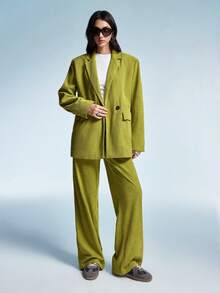 Aveloria EMERY ROSE Women's Autumn Corduroy Solid Color Loose Fit Wide Shoulder Lapel Minimalist Blazer And Wide Leg Pants Suit Set - Green - View 6