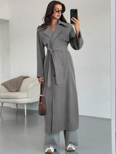 Aloruh 女式纯色双排扣系带长袖风衣秋冬女装