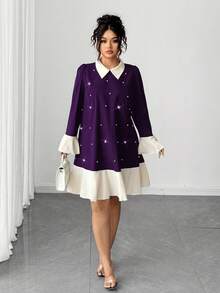 Elenzga Fashionable Casual French Retro Romantic Elegant Pearl Contrast Color Dress - Purple - View 7