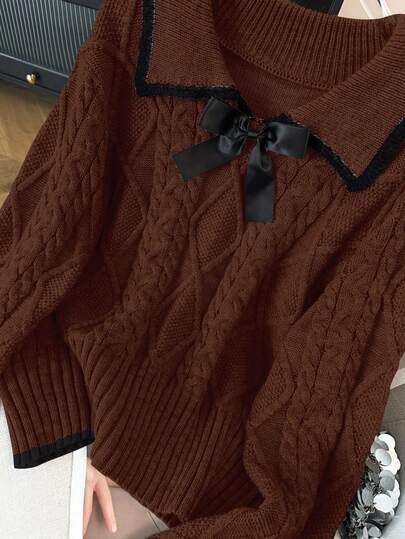 GlowEve CURVE 加大码优雅奢华灰色彼得潘领蝴蝶结修身长袖针织毛衣，厚款