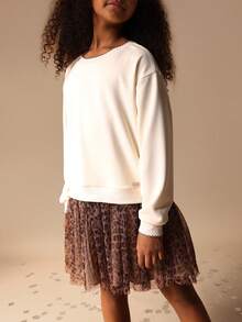 SUMWON 少女长袖圆领连衣裙，豹纹薄纱迷你裙，秋冬假日派对度假装扮 - 杏色 - 查看 6