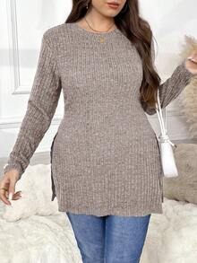 SHEIN Frenchy 大码开叉下摆纯色圆领休闲针织长袖T恤 - 駝色 - 查看 7