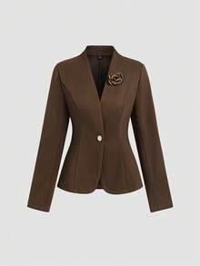 GlowEve 标准尺寸女式修身花卉装饰西装外套 + 直筒裤套装 - 棕色 - 查看 3