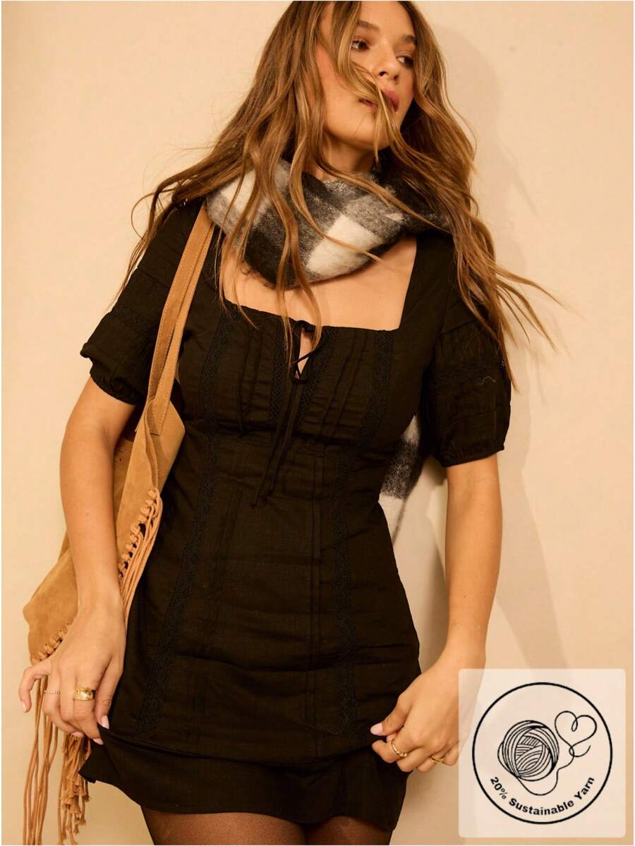 Aralina Women's Autumn/Winter/Summer Linen And Lace Puff Sleeve Mini Dress Perfect For Date Nights And Going Out Outfits And Teacher Outfits And Halloween Outfits