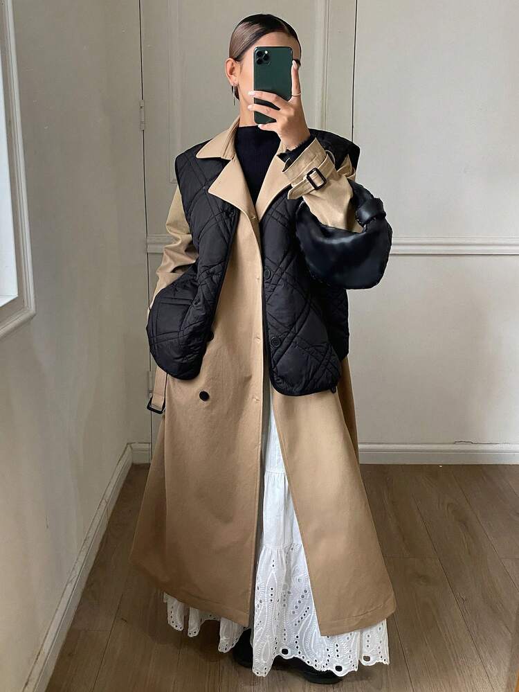 2pcs Women Casual Loose Long Double-Breasted Belted Windbreaker Jacket & Quilted Sleeveless Vest Set, Autumn/Winter