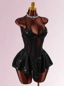 Amplova 女式时尚性感亮片拼接露背吊带迷你连衣裙 - 黑色 - 查看 4