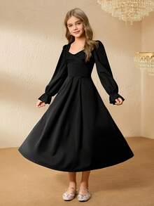 Tween Girl Elegant Minimalist Vintage Square Neck Regular-Shoulder Long Sleeve High Waist Maxi Solid Color Dress, Tween Girl Black Dress, Fashionable Dress For Autumn, All Season School Dress
