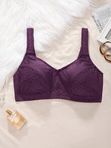 DesireSculpt 1pc Plus Size Women's Solid Color Elegant Comfortable Soft Jacquard Bow Decor Soft Sponge Adjustable Strap Wireless Bra - Maroon - View 7