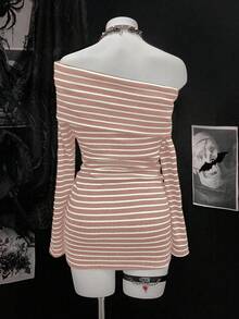 SHEIN Unity Women's Fashionable Black And Gray Striped Long Sleeve Dress - Multicolor - View 2