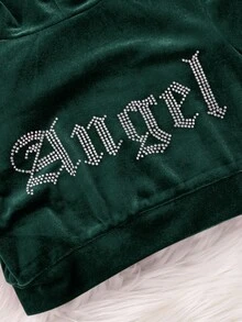 SHEIN Baby Girl 2Pcs Dark Green Velvet Hoodie & Flare Winter Pants Outfits, Letter Pattern Sweatpants Set,Y2k Fashionable Cute Casual Autumn Outfits - Green - View 6