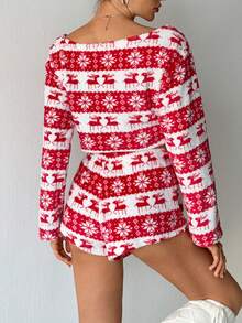 SHEIN Tall 2pcs Women Christmas Print Off-Shoulder Ruffle Hem Crop Sweatshirt & Loose Shorts Set,Christmas Women's Clothing,New Year Outfit,Christmas Pajamas Fall/Winter - Red and White - View 2
