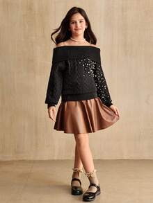 SHEIN 青少年女孩露肩串珠麻花针织修身长袖毛衣，简约百搭，适合室内穿着，适合冬季 - 黑色 - 查看 4