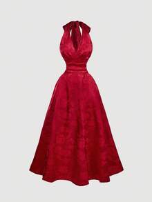 SHEIN MOD Váy dài cổ chữ V, buộc dây họa tiết hoa satin đỏ có nơ – Phong cách Baroque cổ điển, thích hợp mặc khi hẹn hò, tiệc tùng, lễ hội, sinh nhật và dạ hội - Đỏ - Xem 5