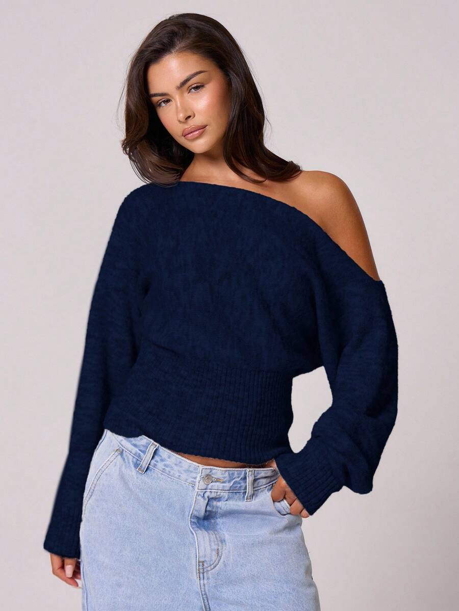 MUSERA 蓬松针织不对称领口收腰毛衣上衣,复古、可爱、乡村、田园风、休闲家居服,适合女士穿着,焦糖色,适合晚宴、派对、优雅春季穿着。 - 藏蓝色 - 查看 1