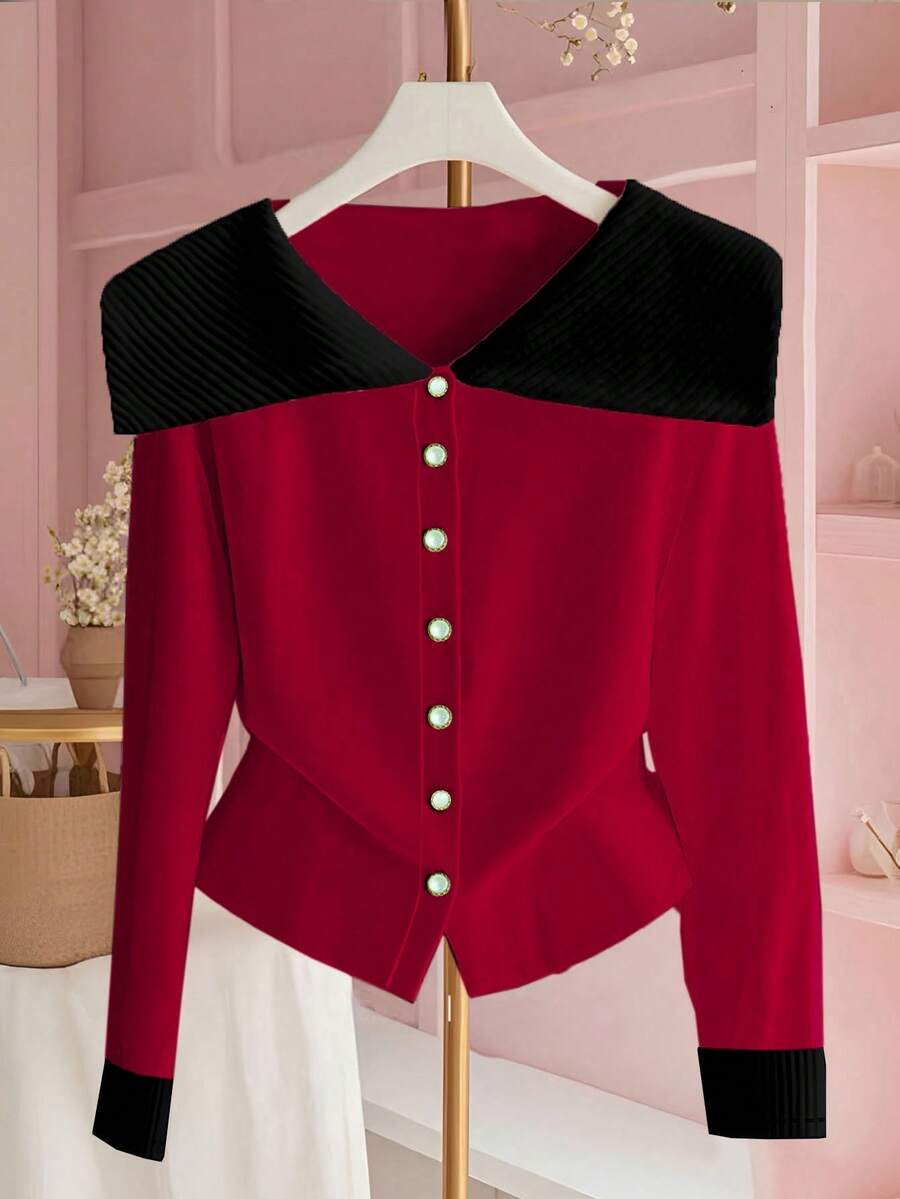 Franclia Women's Elegant Casual Contrast Color Button Front Long Sleeve T-Shirt, Autumn - Red - View 1