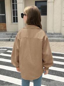 SHEIN 青少年女孩纯驼色灯芯绒翻盖口袋落肩长袖外套，适合秋冬休闲日常穿着 - 駝色 - 查看 13