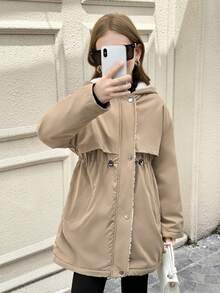 SHEIN 少女服装，纯棉水洗保暖内衬夹克，卡其色中长外套，适合返校、开学典礼、日常穿着、上学、旅行、运动、冬季、圣诞节等场合。 - 卡其色 - 查看 4