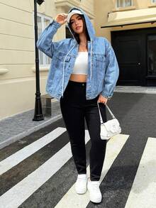 Jeanoix Áo khoác denim có mũ trùm đầu, cài nút phía trước, cỡ lớn, mùa thu - Màu xanh lam - Xem 6