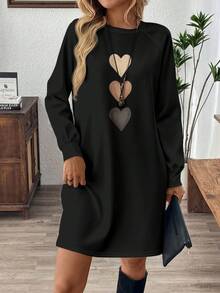 EMERY ROSE Robe style minimaliste décontracté, manches raglan noires, imprimé cœur brun clair, grande taille, convient pour l'automne/l'hiver