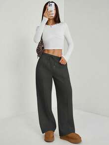 SHEIN PETITE Women's Fall Pebble Detail Straight-Leg Sweatpants Baggy - Dark Grey - View 3