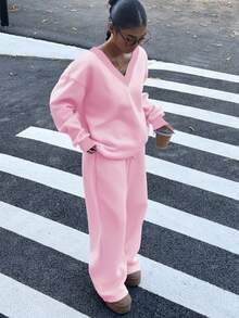 SHEIN EZwear 2 件套女士超大 V 领蓬松羊毛弹力宽松运动衫和运动裤，休闲秋冬 - 粉色 - 查看 4