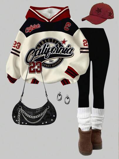 SHEIN Leap Crew 2 pièces/Set Ensemble de sweat-shirt à capuche et leggings avec lettres et numéros rétro pour adolescentes, style sportif universitaire, convient pour l'automne/l'hiver