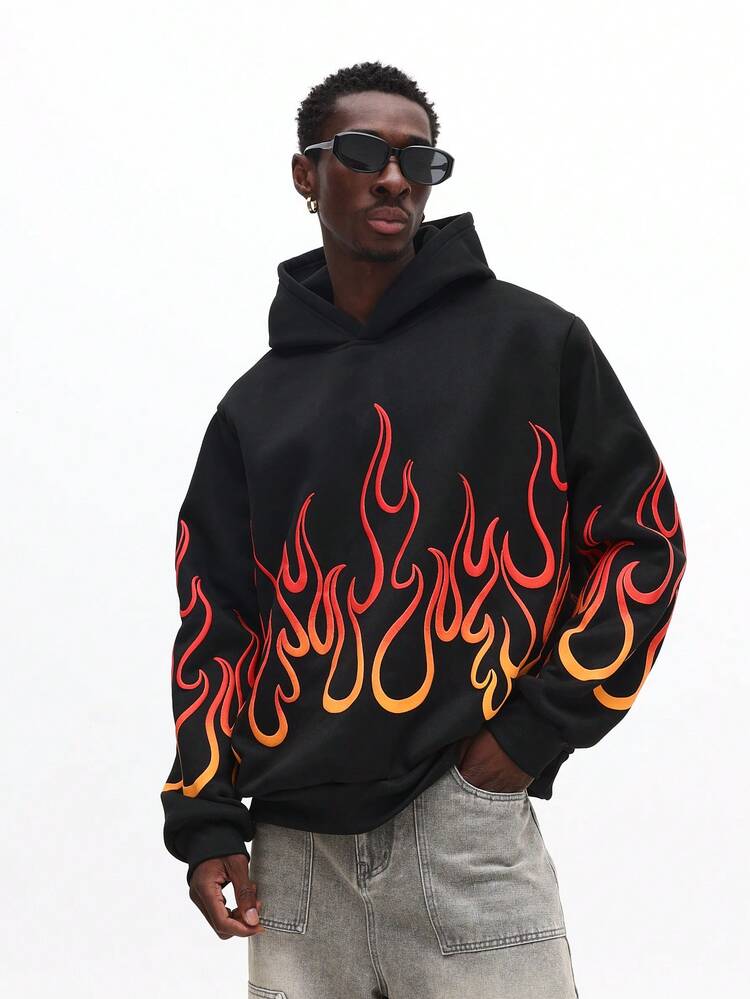 Flame Print Hoodie With Drawstring