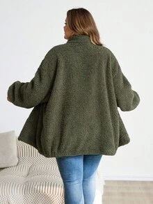 SHEIN CURVE+ Chaqueta de forro polar informal de talla grande, versátil para otoño/invierno - Verde militar - Ver 2