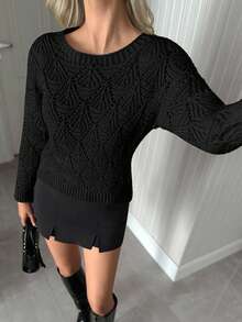 EURMUSE Áo chui đầu móc len cổ tròn hở vai màu trơn cho nữ - màu đen - Xem 6