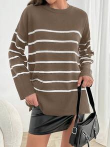 SHEIN Tall Striped Pattern Drop Shoulder Sweater, Tall Women - Camel - View 3