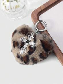 ROMWE Kawaii 1pc Y2K Retro Punk Goth Style Brown Faux Fur Leopard Print Rivet 3D Heart Cross Pendant Keychain, Suitable For Women, Daily Wear Or Gift, Halloween