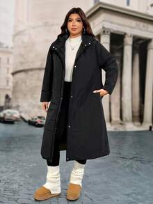 Enliva Melanieangelese 加大码女式长款连帽长袖夹克，冬季保暖外套，适合苹果型身材 - 黑色 - 查看 4