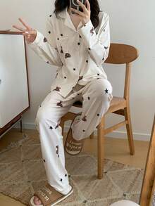 2件套优雅少女熊和星星图案长袖上衣和裤子睡衣套装 - 杏色 - 查看 7