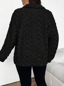 SHEIN Frenchy 大码女式纹理拉链半开襟休闲抓绒卫衣，秋冬款 - 黑色 - 查看 2