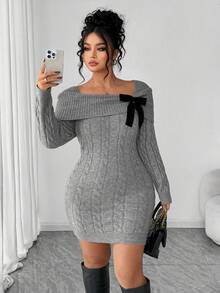 SHEIN Elenzya 大码女式纯色露肩扭纹针织毛衣裙 - 灰色 - 查看 5