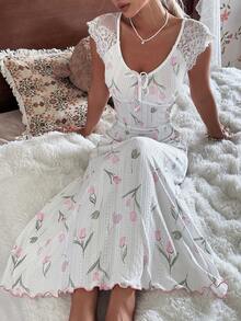 CottageSlumber Tulip Pattern Cuff Lace Trim Comfortable Casual Women Nightgown - White - View 7