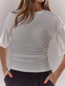 MUSERA Cinched Waist Draped T-Shirt Casual Vacation Casual Basics Airport Holiday Oversized Tee Fall Autumn Winter Elegant Spring Summer - White - View 6