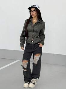 StreetHx 女式复古条纹修身衬衫 - 深灰色 - 查看 6