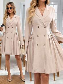 SHEIN LUNE Vestido midi de manga larga con cuello casual y unicolor minimalista para mujer - Caqui - Ver 3