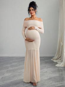 Momance Maternity Off Shoulder Long Sleeve Fitted Dress With Thigh-High Slit And Mesh Panels - Apricot - View 1