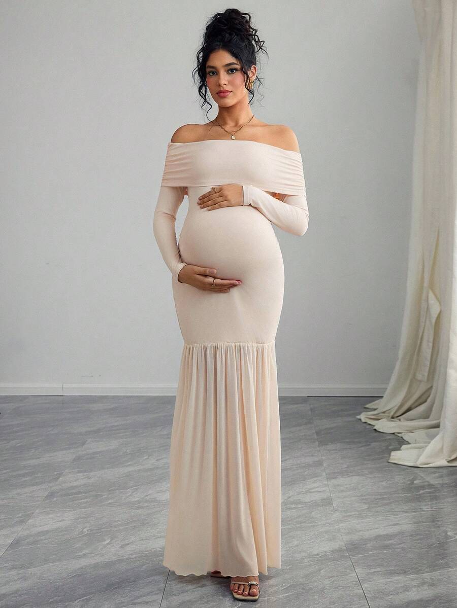 Momance Maternity Off Shoulder Long Sleeve Fitted Dress With Thigh-High Slit And Mesh Panels - Apricot - View 1