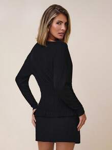 COSMINA Áo thun nữ tay dài cổ thuyền cánh dơi xếp ly thời trang màu trơn - màu đen - Xem 3