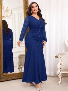 Modelyn Đầm dạ hội dài ren tương phản cổ chữ V cỡ lớn cho nữ, viền đuôi cá xếp nếp thanh lịch - Xanh đậm - Xem 6