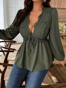 SHEIN LUNE Women's Lace Patchwork Deep V-Neck Tie Front Elegant Long Sleeve Blouse - Army Green - View 4