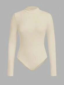 SHEIN EZwear 女款多色針織純色長袖修身連身衣，秋季 - 杏色 - 查看 7