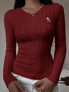 SHEIN EZwear 女士休闲通勤刺绣图案粗针织修身毛衣，秋冬 - 酒紅色 - 查看 6