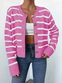 EURMUSE Women Spring/Autumn Casual Colorblock Striped Cardigan - Pink - View 5