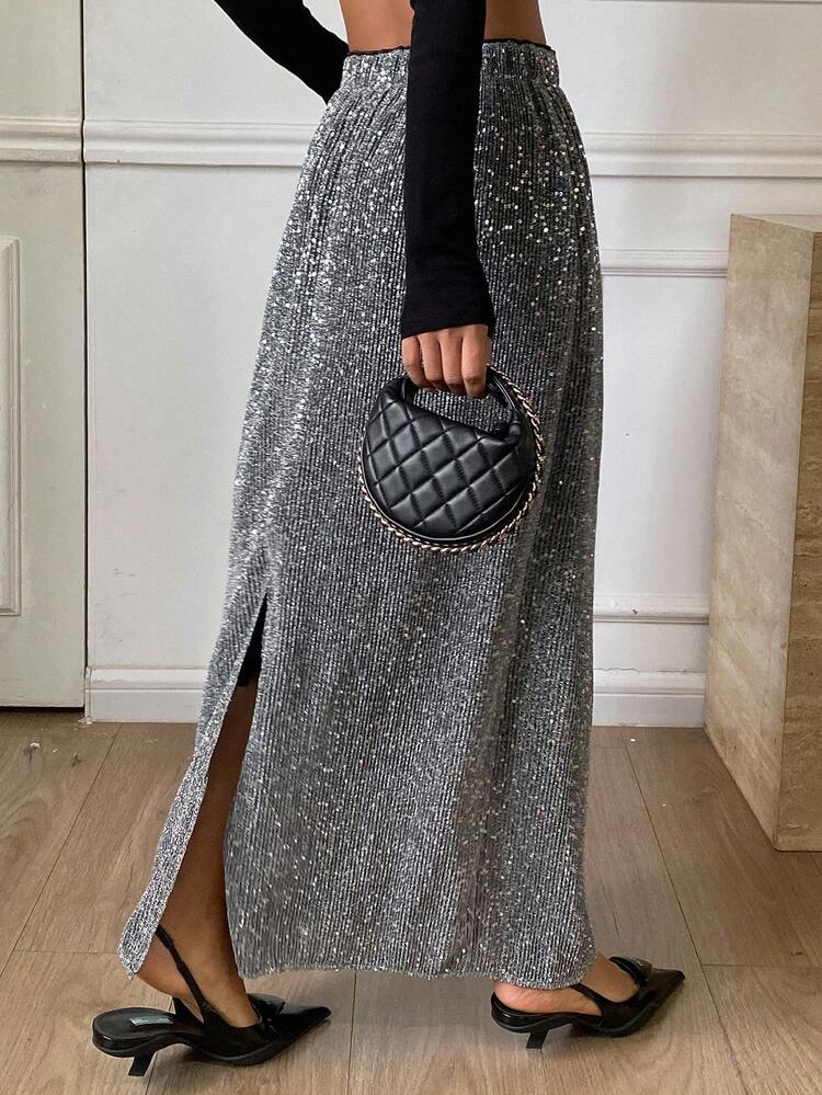 Women's Fashionable Party Sequin Backless Slit Hem Straight Skirt Carnival